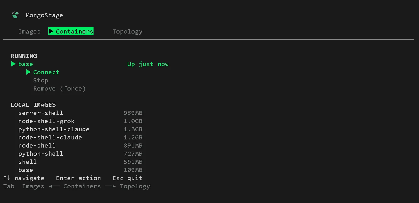 MongoStage TUI showing the containers page with running and stopped containers
