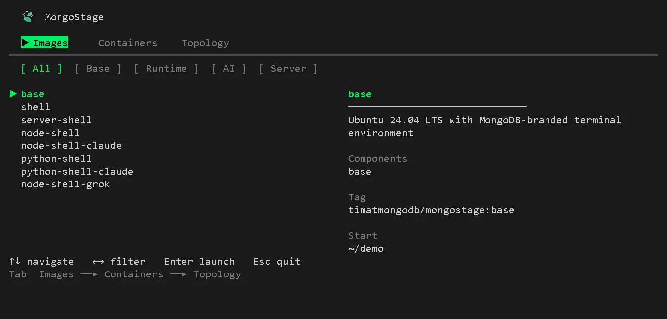 MongoStage TUI showing the images page with category filters and container list